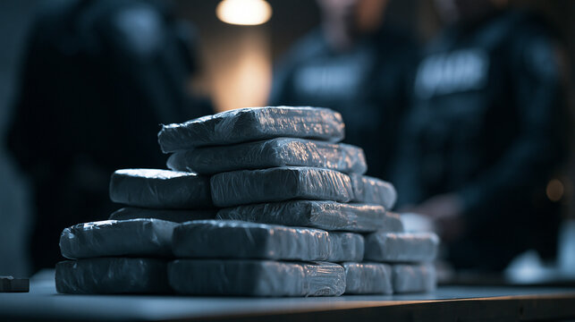 A stack of packaged illicit drugs sits on a table in a dimly lit room with police officers standing in the background. Conceptual image for law enforcement and drug bust campaigns.