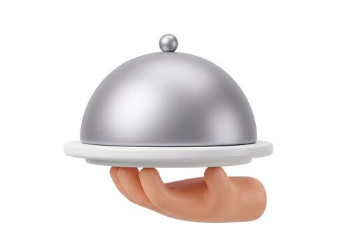 Hand holding a silver serving cloche plate platter 3D render icon with food platter silver dome restaurant