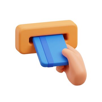 3D hand inserting a blue credit card into an atm slot with 3D illustration banking system white background