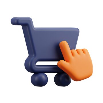 3D hand clicking on shopping cart icon for e commerce with cursor hand online shopping 3D illustration