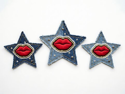 Three denim star patches with embroidered red lips and metallic studs, arranged in a row, isolated on white background
