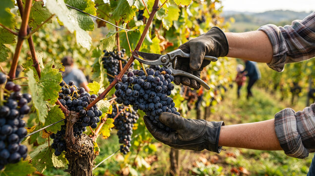 Vendimiador cortando racimos de uvas tintas maduras con tijeras de podar en un vi&ntilde;edo soleado durante la cosecha oto&ntilde;al.