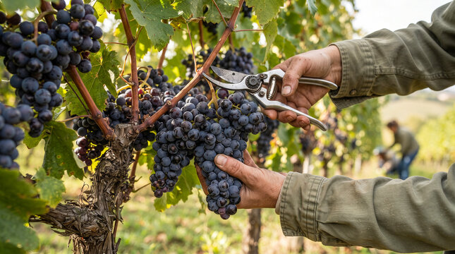 Vendimiador cortando racimos de uvas tintas maduras con tijeras de podar en un vi&ntilde;edo soleado durante la cosecha oto&ntilde;al.
