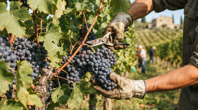 Vendimiador cortando racimos de uvas tintas maduras con tijeras de podar en un vi&ntilde;edo soleado durante la cosecha oto&ntilde;al.