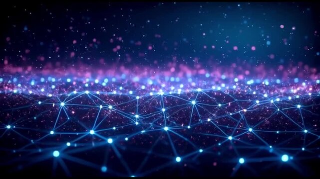 Luminous blue network continuously bending and reshaping in fluid geometric waves, surrounded by a subtle pink haze on a deep black background.
