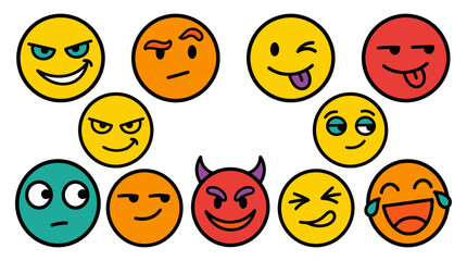 Fototapeta premium Colorful emoji face collection, expressive cartoon character icons, set of 11 vibrant vector emoticons for social media and chat apps