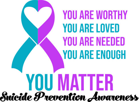 Suicide prevention awareness vector, teal and purple ribbon with heart, mental health support typography for social media and posters