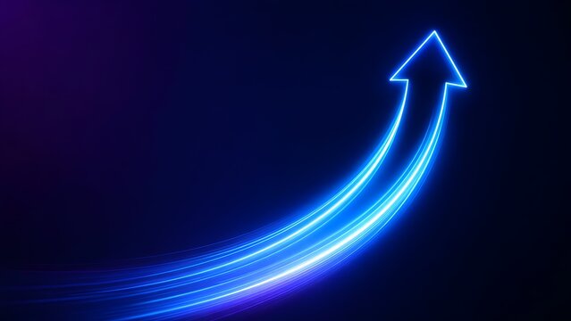 Minimalist glowing blue neon arrow sweeping upward representing clear business trajectory and streamlined financial success