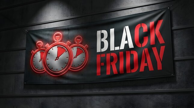 Black friday banner hanging on dark textured brick wall background with commerce
