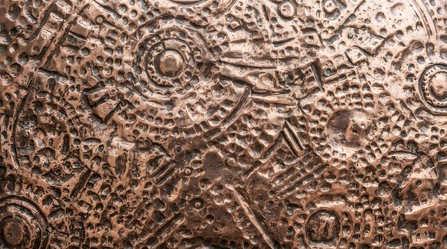 Antique bronze relief texture, ancient metallic carving with intricate patterns, weathered copper plate with mystical symbols