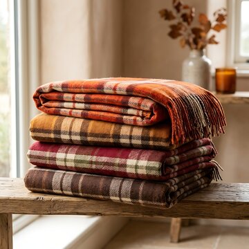 A stack of four cozy, folded plaid wool blankets in warm autumn colors, including orange, yellow, red, and brown, resting on a rustic wooden bench