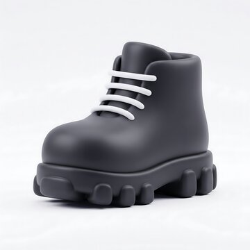 3D Black winter boot with platform sole and white laces on white background black shoe ankle boot footwear fas