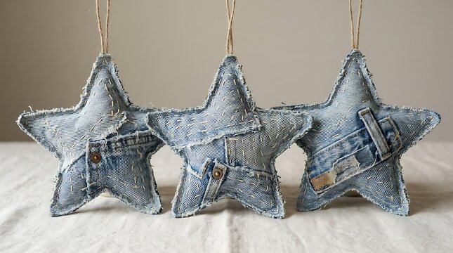Three handmade rustic denim star ornaments crafted from recycled jeans with visible stitching and button details, hanging against a neutral background