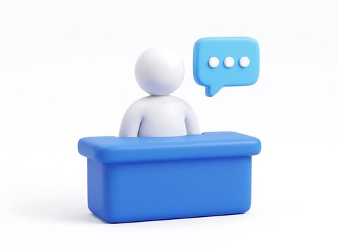 3D character standing behind a blue reception desk with a speech bubble icon 3D character customer service
