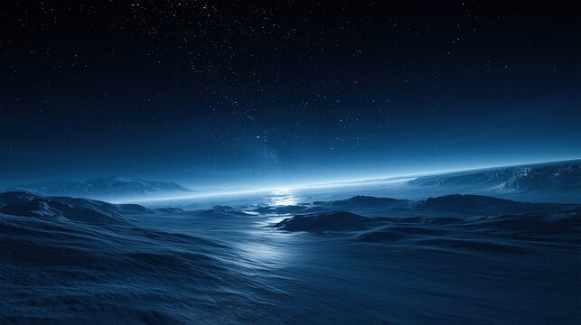 Dramatic otherworldly extraterrestrial landscape with barren rocky planetary surface under star filled dark night space sky glowing at horizon