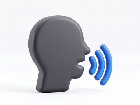 Dark grey 3D human head silhouette speaking with blue sound waves on a white background