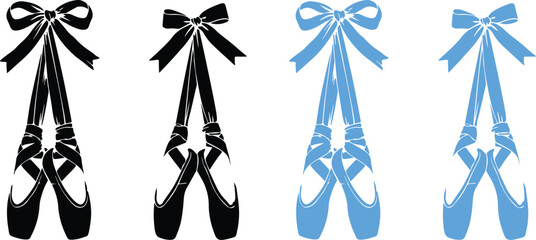 Two pairs of black and two pairs of blue ballet pointe shoes with bows on white background © MOHAMMADTORIQUL