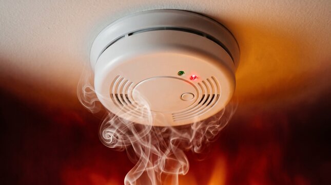 Smoke detector mounted on ceiling detects thick smoke and fire flames in home