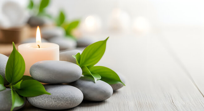 Zen spa scene with lit candle river stones and lush green foliage