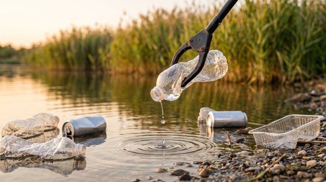 Litter picker grasping a discarded plastic bottle from polluted river water, emphasizing cleanup efforts