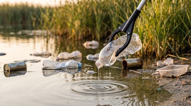 Litter picker gripping plastic bottle during shoreline cleanup of polluted lake