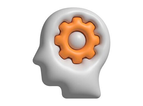 Grey 3D human head profile with an orange gear mechanism inside cogwheel icon brainstorming icon cog