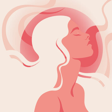 Woman with closed eyes shown in profile, face tilted upward, with flowing hair blending into abstract ribbons in soft tones. Flat vector illustration representing calm, dreaming, and inner peace.