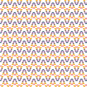 Abstract seamless geometric pattern with colorful stylized leaf motifs in rows for modern textile design, wallpaper backdrops, and trendy fashion fabric prints.