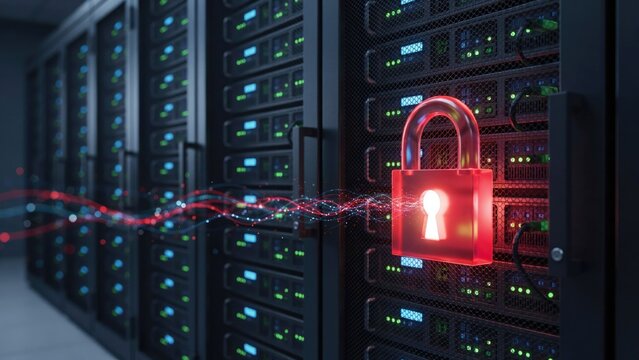 Glowing red padlock icon on a dark server rack with data stream lines