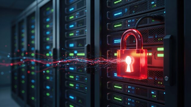Red glowing padlock on a server rack with digital data streams