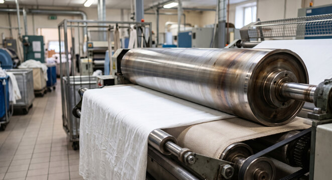Commercial flatwork ironing machine pressing a wide white linen sheet between large steel rollers, with fabric feeding belt, rotating cylinder, mechanical frame.
