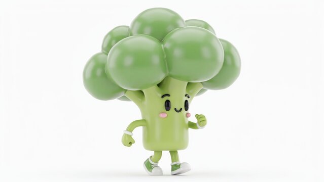 3D render of a cute broccoli character running, isolated on white background