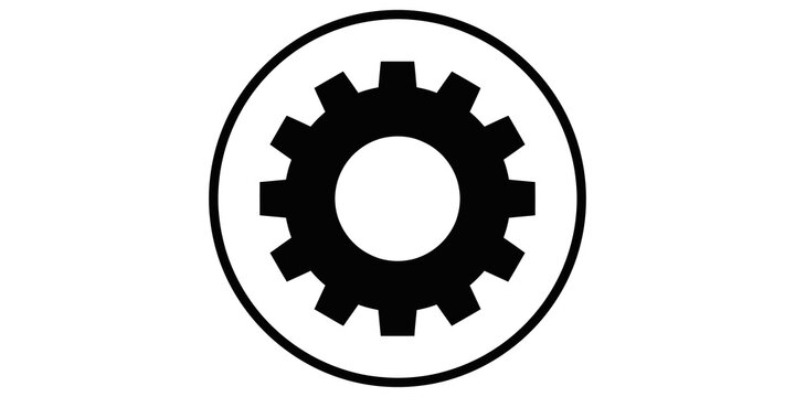 Black silhouette mechanical cog icon enclosed within fine circular border.