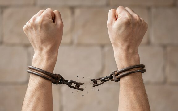 Human hands with broken iron shackles raised against a brick wall
