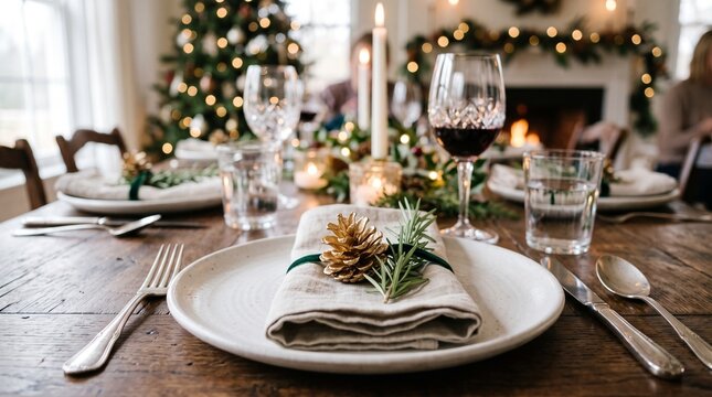Christmas dinner table setting with festive decoration and wine glass