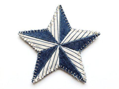 Handmade fabric star ornament made from denim and striped cotton fabric pieces sewn together with visible rustic stitching isolated on white background
