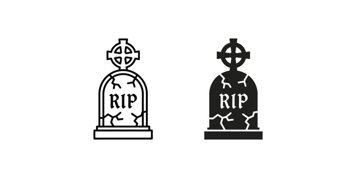 Cracked gravestone icons with celtic cross and rip text for cemetery memorial and halloween party design elements.