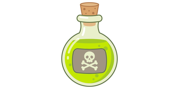 Green magic poison potion bottle vector icon with skull emblem.