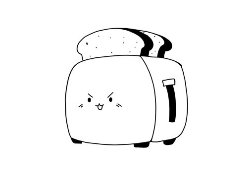 Cute toaster character with bread slices, kawaii outline doodle vector illustration isolated on white background