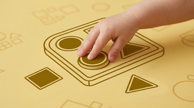 Close up of a small child's hand interacting with geometric shape outlines on a warm yellow background, representing early childhood education and development.