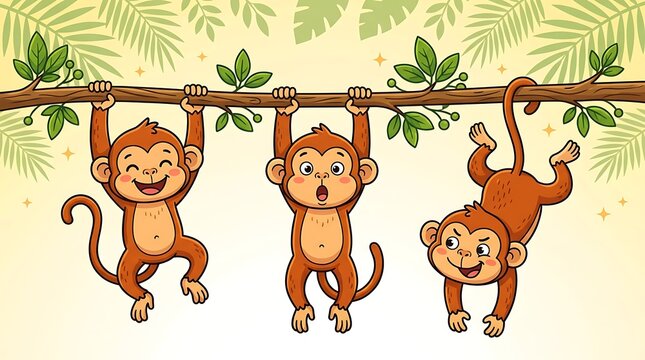 Three playful cartoon monkeys hanging from a palm tree branch in tropical jungle setting