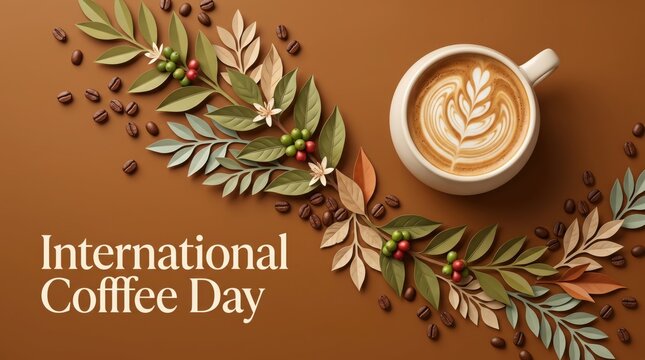 International Coffee Day Celebration with Latte Art and Coffee Beans