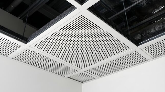 Perforated metal acoustic ceiling tiles featuring a clean white finish mounted in a modern grid system for commercial office interiors