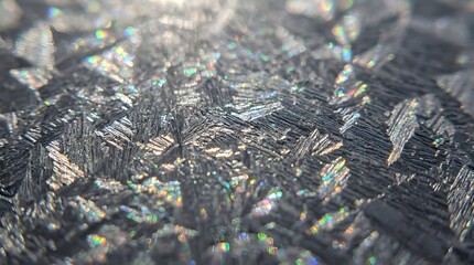 Obraz premium Intricate frost patterns with prismatic light reflections captured in macro detail on a dark surface during cold winter morning hours