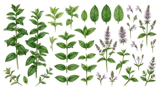 Watercolor collection of fresh mint leaves and flowering stems isolated on white background