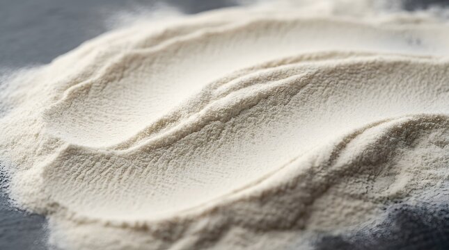Fine white organic wheat flour pile captured in close up photography featuring soft flowing textures and elegant minimalist light patterns