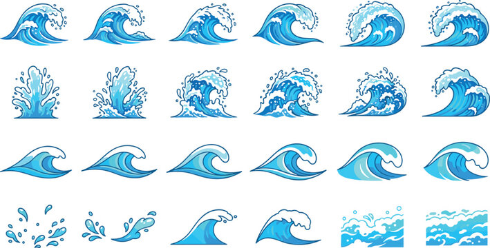 Collection of blue sea water waves and ocean splashes vector icons set