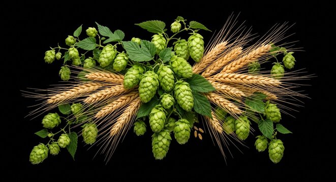 Green hop cones and golden wheat ears composition isolated on black background