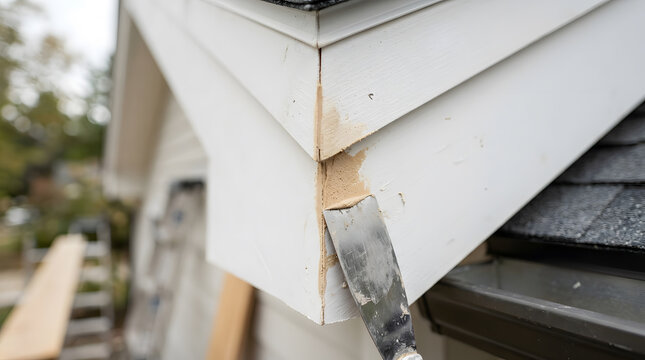 sealing fascia board mitered joint | roof fascia repair with wood filler | home exterior maintenance and carpentry | repairing roof trim corner joint | DIY house trim restoration