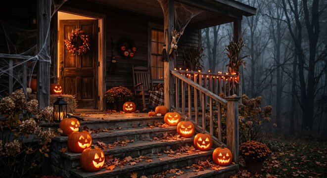 Spooky Halloween decorated wooden house porch with glowing jack o lantern pumpkins at night